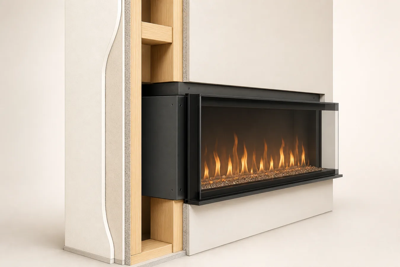 Side cutaway of a slim electric fireplace showing the wall finish, framing cavity, recessed body and room projection