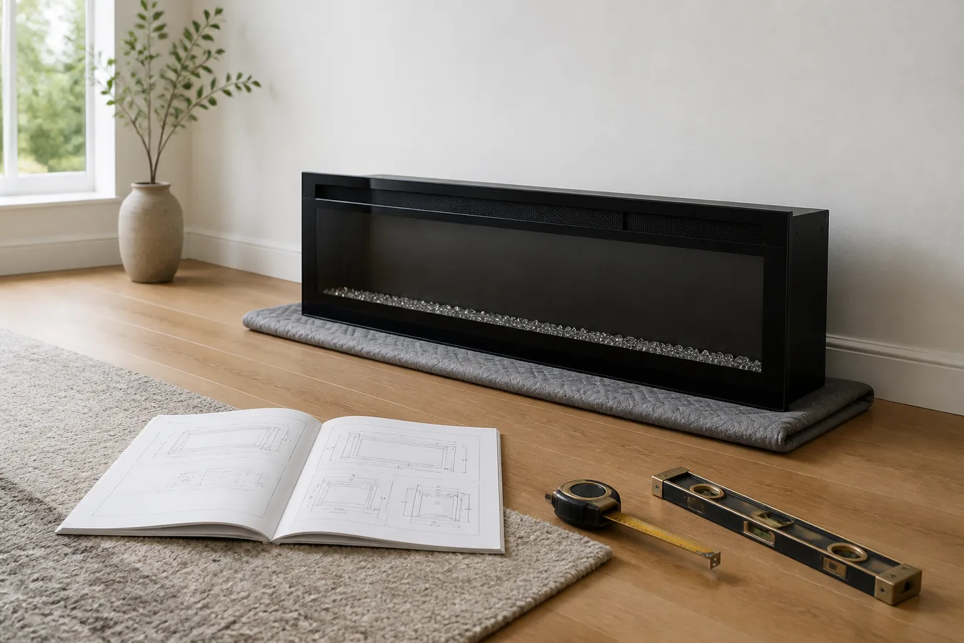 An unbranded electric fireplace resting by an intact wall beside an open owner manual, tape measure and level