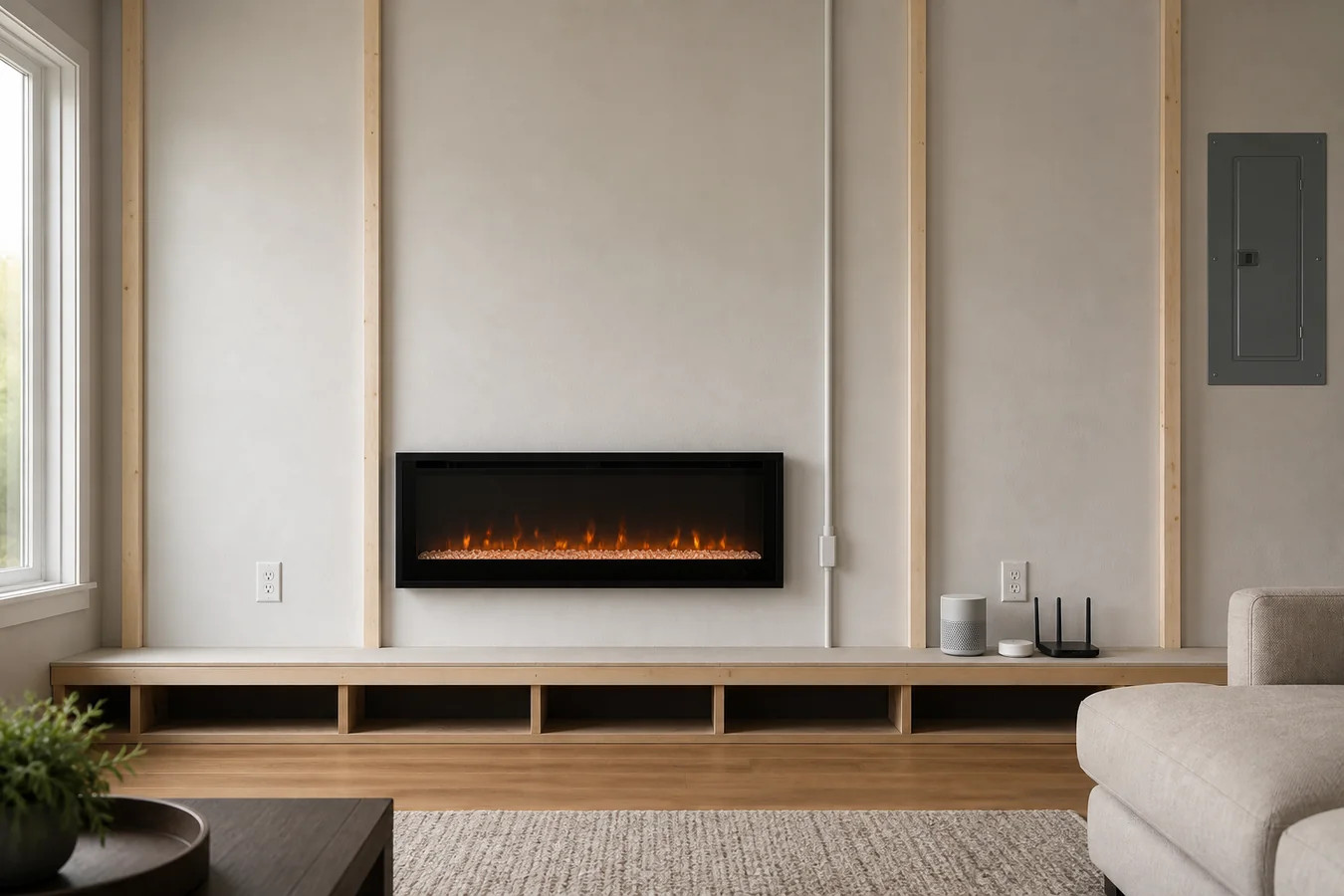 Generic electric fireplace between two wall outlets, an enclosed power route and room devices near a shared outlet