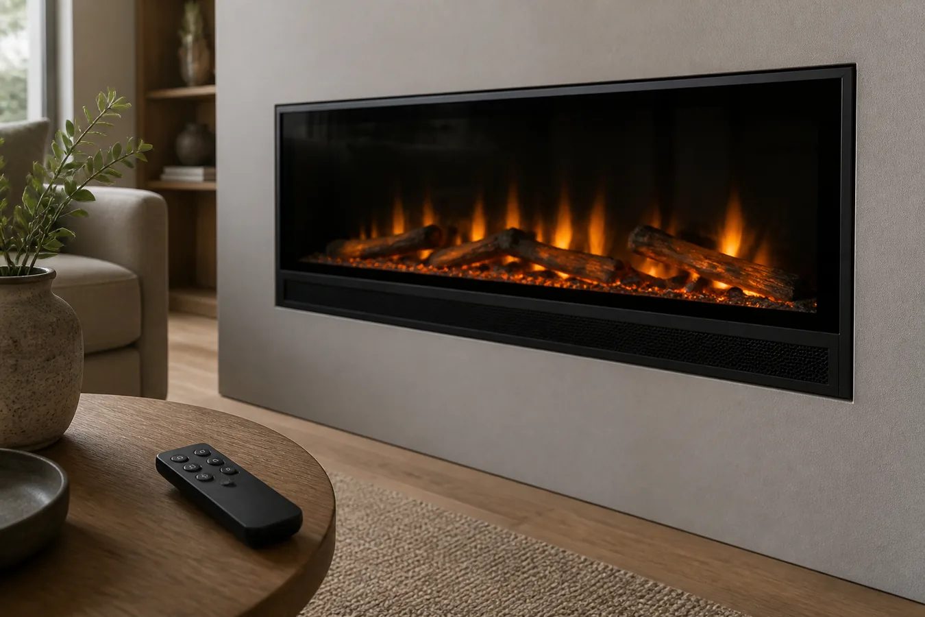 An unbranded electric fireplace with a speaker grille and a handheld remote on a side table