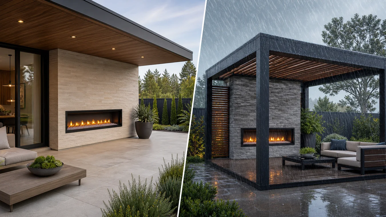 Protected fireplace wall on a main house beside a freestanding fireplace structure exposed to rain