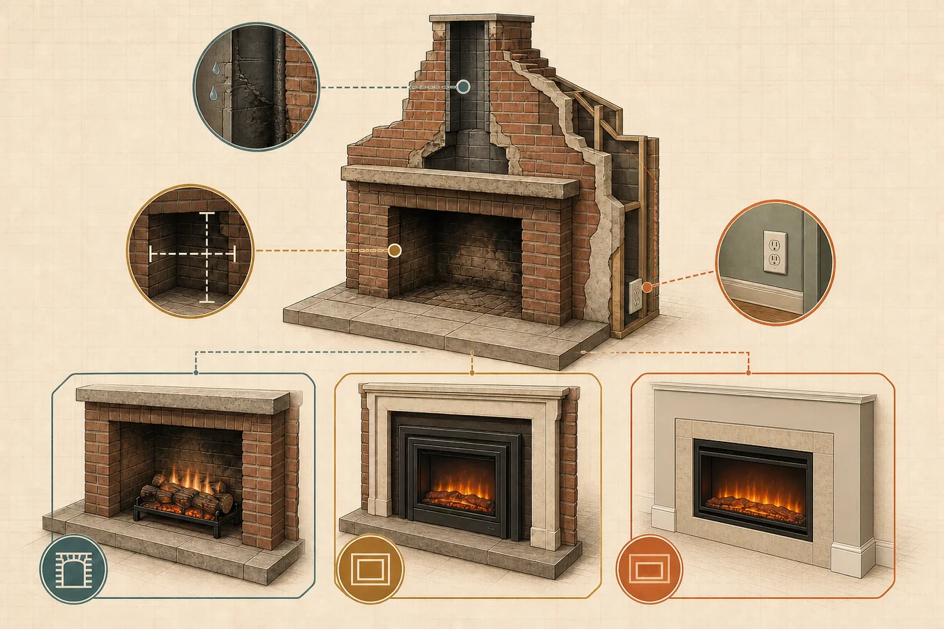 Old wood fireplace with moisture, measurement and power checks leading to log-set, retrofit-insert and built-in electric options