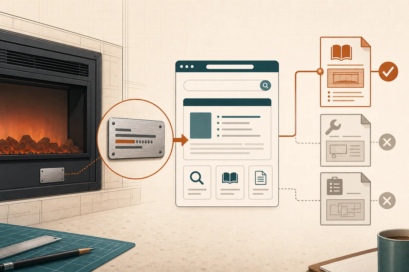 Electric fireplace model plate matched through an official document portal to the correct manual while two near-match files are rejected