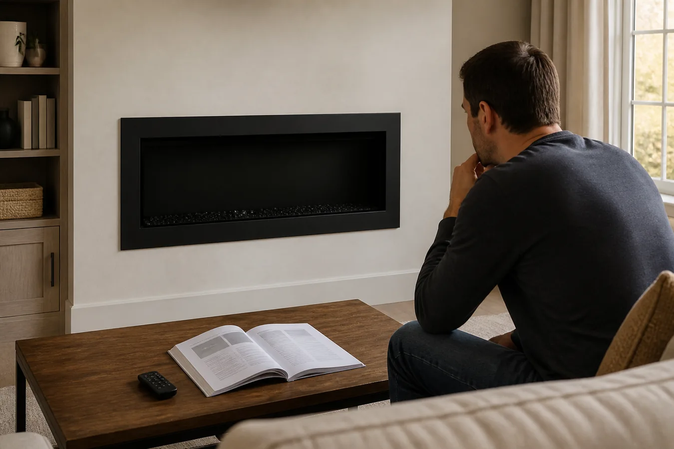 Homeowner reading an owner manual beside an electric fireplace that has shut off