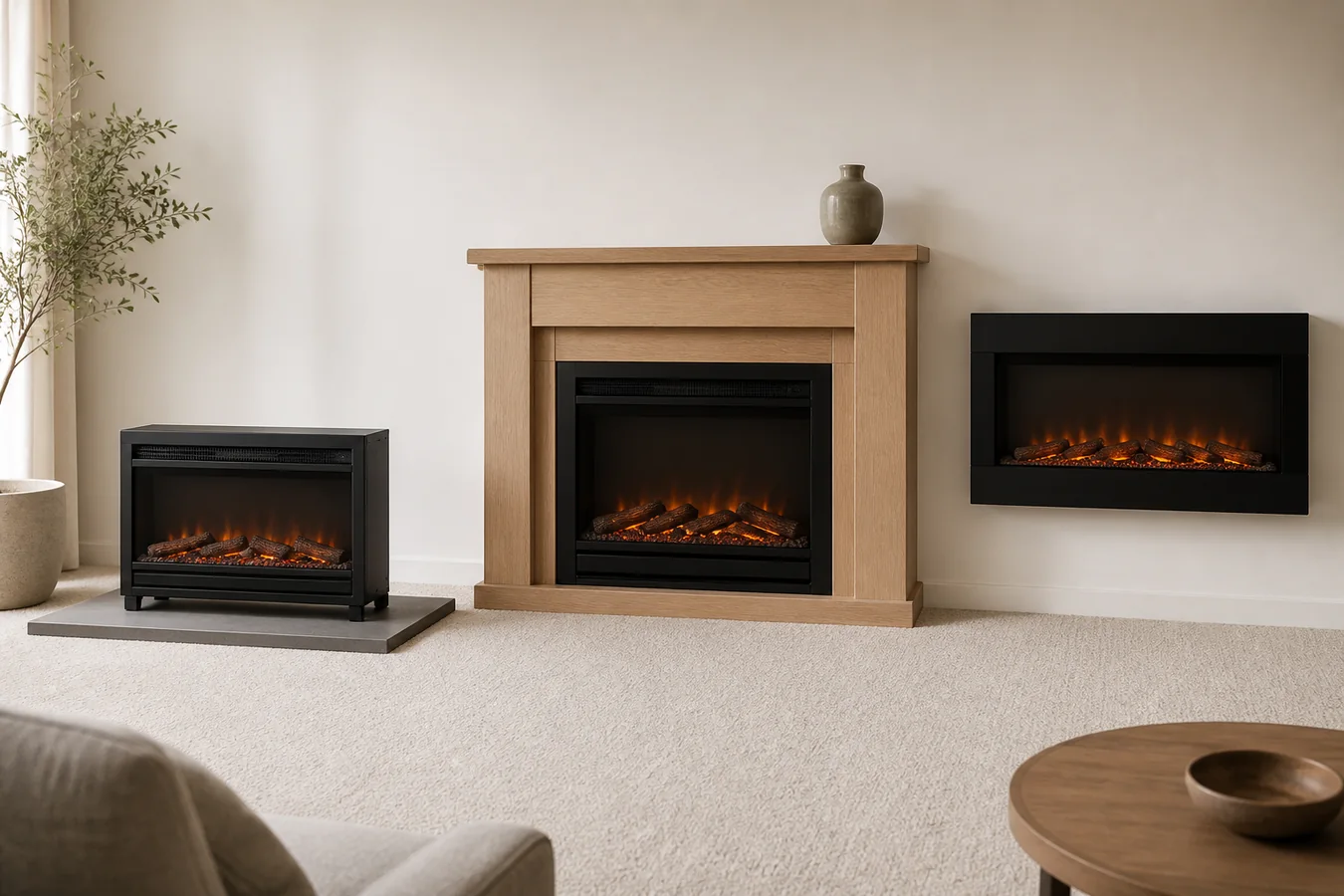 Bare electric firebox on a solid support beside a complete mantel package and a wall-mounted fireplace above carpet