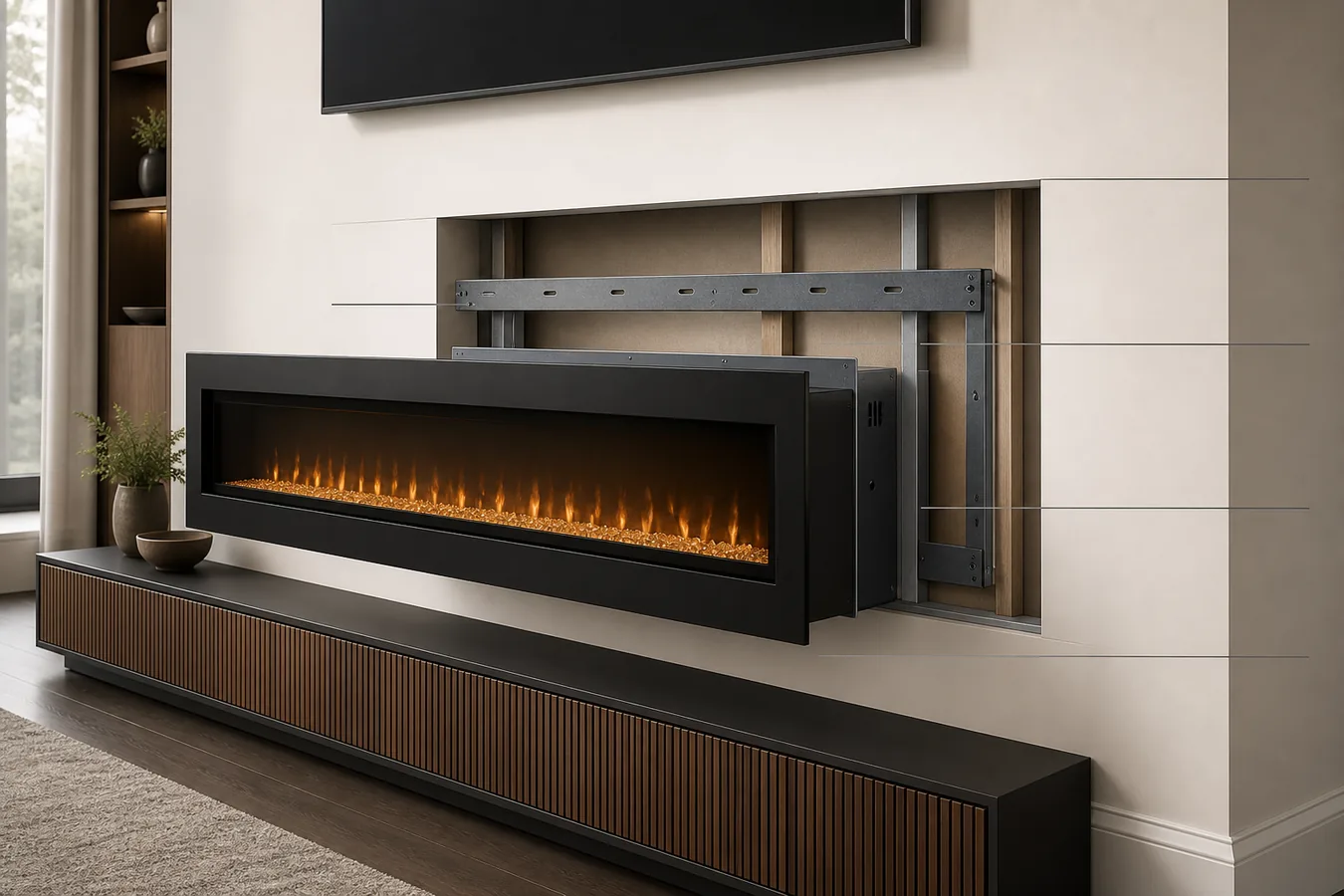 Cutaway showing the floor, electric fireplace body, visible flame opening and wall mounting references