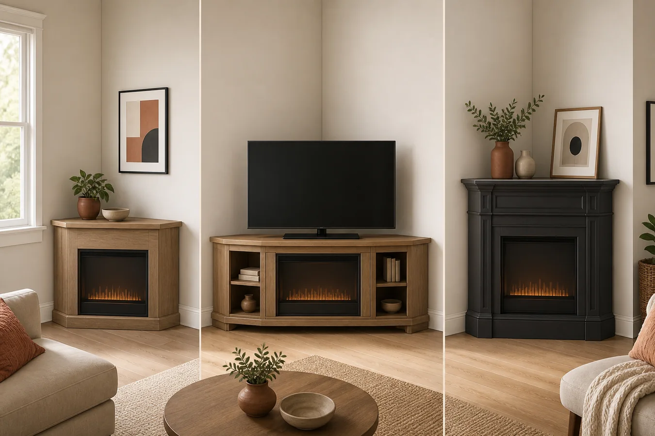 Three corner electric fireplace furniture roles: compact mantel, TV media cabinet and larger traditional mantel
