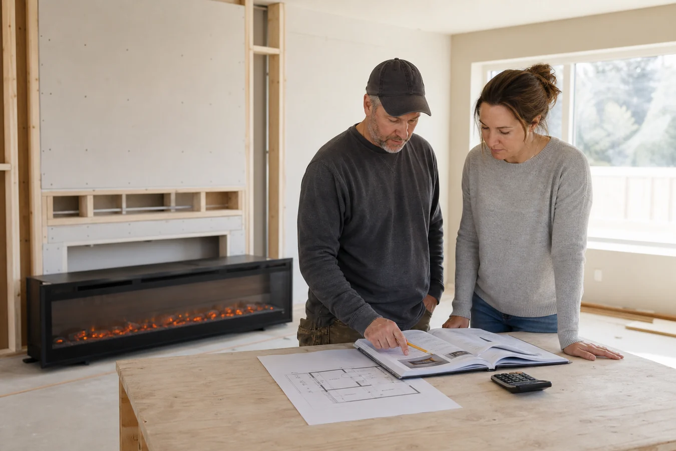 Homeowner and electrician comparing a fireplace manual and room plan before installation