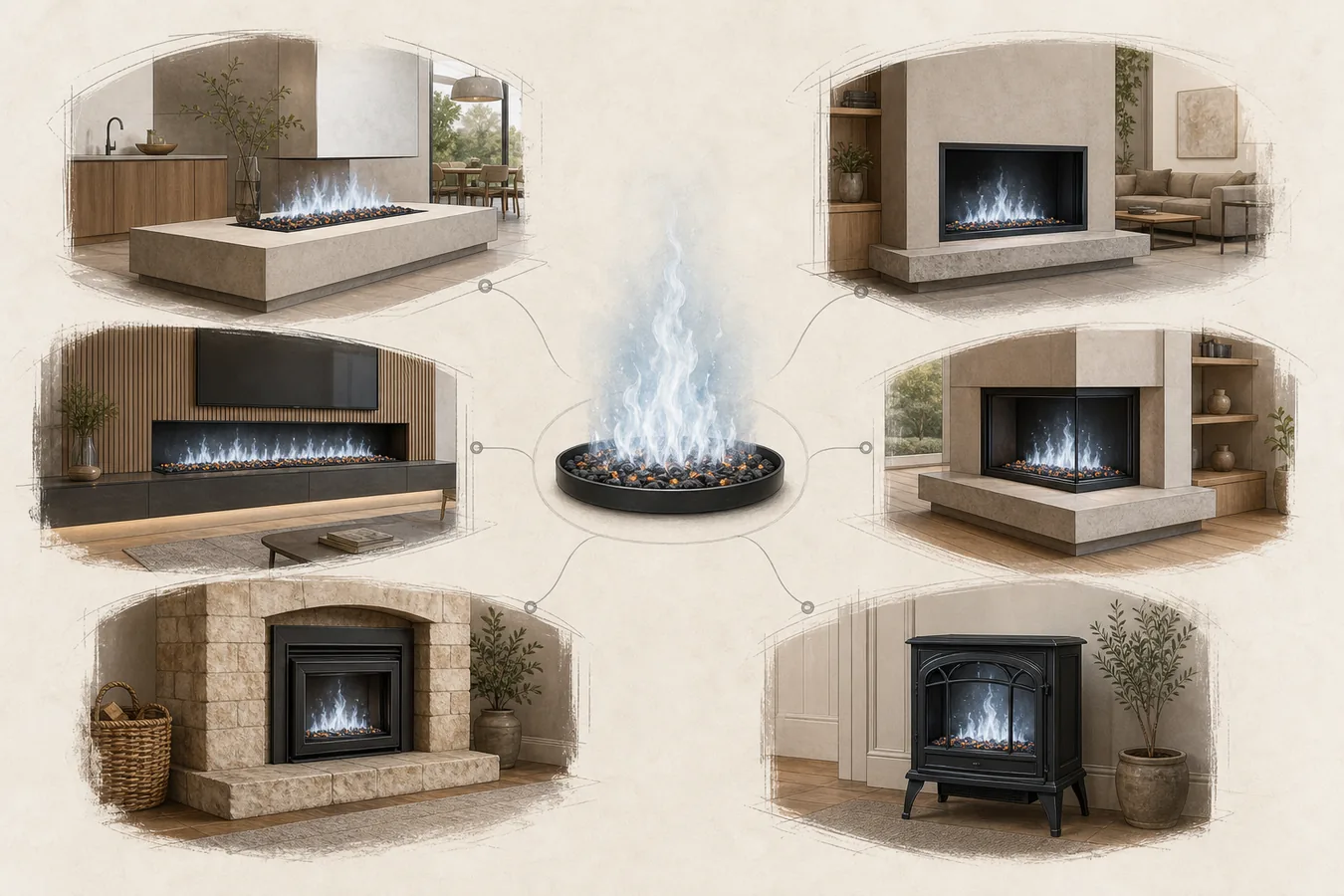 Six fireplace project formats around a central water-vapor flame, including an open bed, built-in box, linear wall, corner firebox, hearth insert and stove