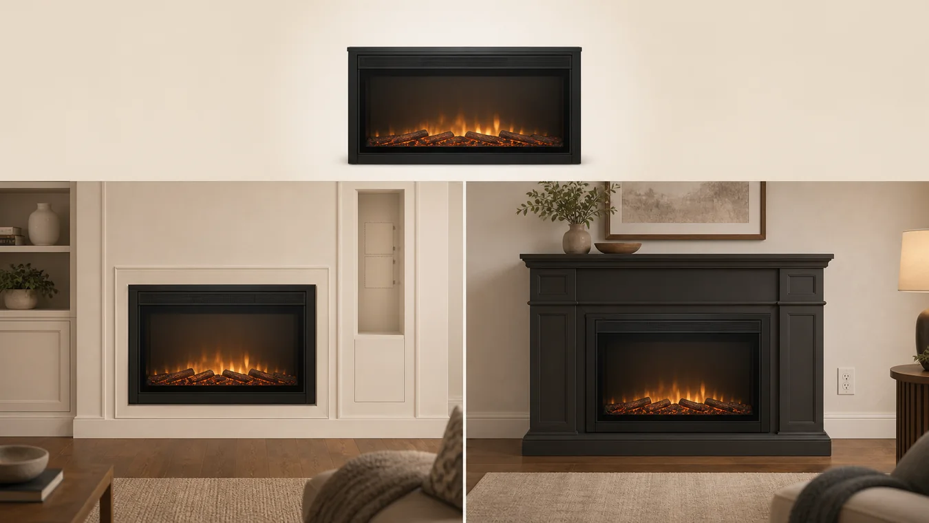 Generic electric firebox shown as a built-in wall project and as a wide mantel furniture package